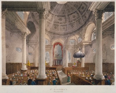 Interior of the Church of St Stephen Walbrook during a service, City of London, 1809 by Augustus Charles Pugin, Thomas Rowlandson