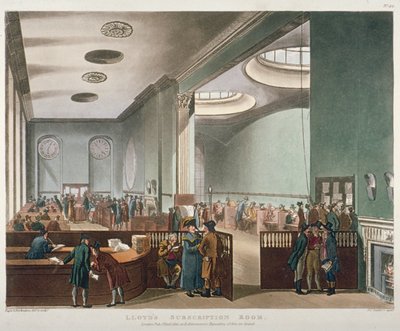 Interior View of Lloyds Subscription Room in the Royal Exchange, City of London, 1809 by Augustus Charles Pugin, Thomas Rowlandson