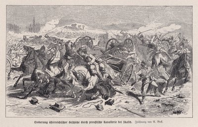 Austrian guns captured by Prussian cavalry at the Battle of Skalitz, Bohemia, Austro-Prussian War by Augustus J. Beck
