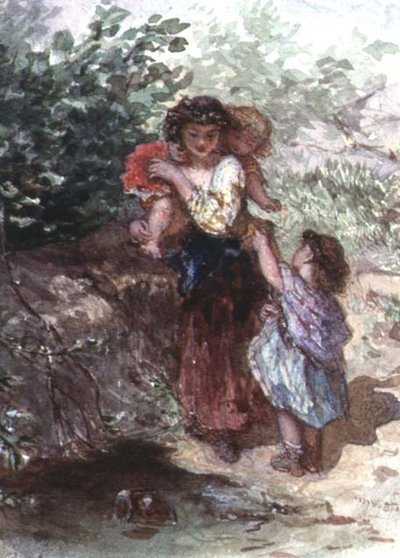 Girl Standing with a Child on Her Shoulders, Another Child by Her Side by Augustus Jules Bouvier