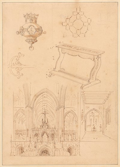 Designs for Gothic Ornamentation, a Kneeler, and Two Sketches of the Interiors of Gothic Churches by Augustus Welby Northmore Pugin
