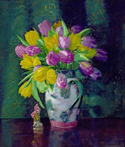Yellow and Mauve Tulips in a Vase by Augustus William Enness