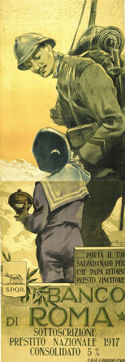 World War I: Banco di Romano poster for War Loan. Italian soldier telling his son to empty his money box and Papa will soon be home victorious by Aurelio Craffonara