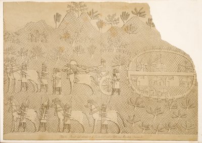 Chariot and attendants of Sennacherib and a Castle on a Mountain, from Monuments of Nineveh by Austen Henry Layard