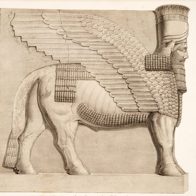 Human headed Bull and winged figure from a gateway in the wall surrounding Kouyunjik, from Monuments of Nineveh by Austen Henry Layard