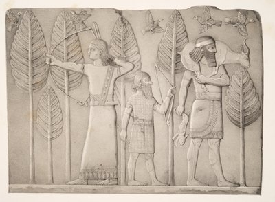 Huntsmen with Gazelle, hare & birds, from Monuments of Nineveh by Austen Henry Layard