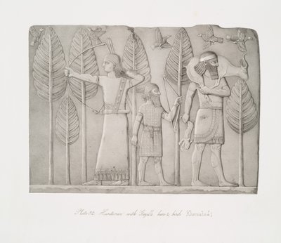 Huntsmen with gazelle, hare and birds (Khorsabad) by Austen Henry Layard