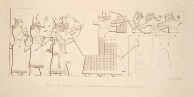 The King before a besieged Castle, the battering ram making a breach in the walls, from Monuments of Nineveh by Austen Henry Layard
