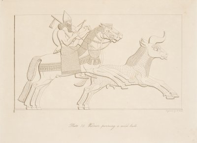 Warrior pursuing a wild bull, from Monuments of Nineveh by Austen Henry Layard