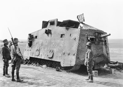 A German tank captured by the 26th Battalion at Monument Wood near Villers-Bretonneux on 14 July 1918 and subsequently salvaged for the Australian War Museum by the 5th British Brigade of Tanks, 4 August 1918 by Australian Photographer