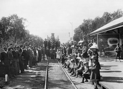 A touring recruiting train at the railway station with some of the towns citizens, Wallumbilla, Queensland, c.1916 by Australian Photographer