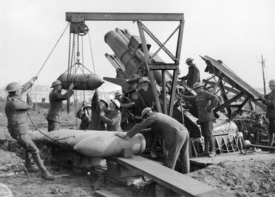Crew of 2 Gun, Royal Marine Artillery loading Granny, a 15 inch Howitzer, near the Menin Road, in the Ypres sector, 5 October 1917 by Australian Photographer