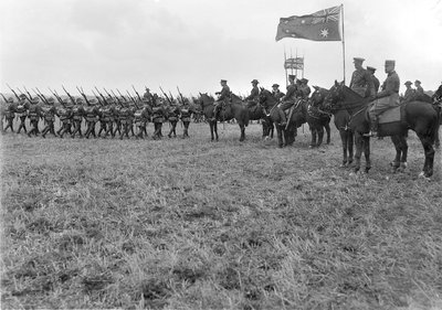 Field Marshal Sir Douglas Haig reviewing the 5th Australian Division at Ebblinghem, 29 August 1917 by Australian Photographer