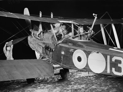 Lieutenant Stanley George Brearley, pilot, and Lieutenant Robert Harold Taylor, observer, of No. 69 Squadron (Australian), Royal Flying Corps, starting out for a night bombing operation by Australian Photographer
