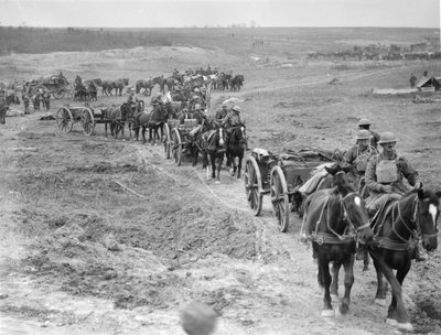 Limbers of the 6th Brigade of Australian Field Artillery bringing up ammunition to the guns through the Hindenburg Line near Bellicourt, 4 October 1918 by Australian Photographer