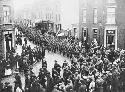 The last quota of the 1st Division Artillery, AIF, leaving the town to entrain at Charleroi to begin their journey home, Chatelineau, Belgium, 26 November 1919 by Australian Photographer