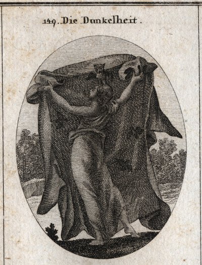 Allegory of Darkness. It extends a dark veil with which it prevents the penetration of light. Its attributes are the owl and other night birds. Engraving in 