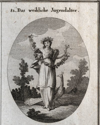 Allegory of adolescence (teenage girl) represented by a young woman with a crown and a garland of flowers to denote happy felicity. The peacock understands the love of adornment. His foot is placed on an hourglass. Engraving in 