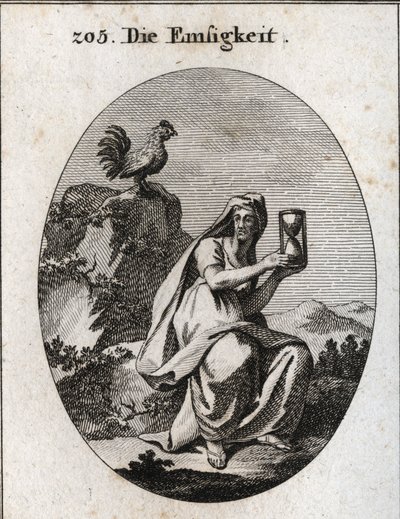 Allegory of attendance. She holds a sand clock (hourglass) and sits at the foot of a rock surrounded by an ivy plant. The rooster is its attribute because attendance does not exist without vigilance. Engraving in 