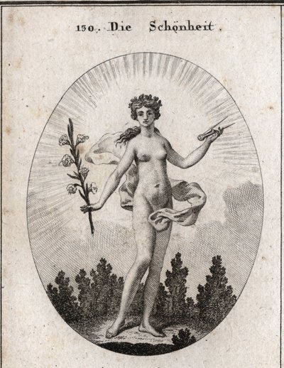 Allegory of beauty. The compass is the emblem of the accuracy of proportions. The lily is the symbol of beauty. Engraving in 