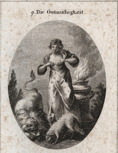 Allegory of Benignity Nursing at the Same Time a Lamb and a Lion Symbolizing Equal the Weakest and Strongest. Fire on the Altar Denotes Religious Feelings. Engraving in 