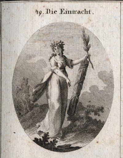 Allegory of concord represented with a crown of pomegranates emblem of union. The olive branch and a symbol of peace and the bundle of rods tightly tied together marks the power of united forces. Engraving in 
