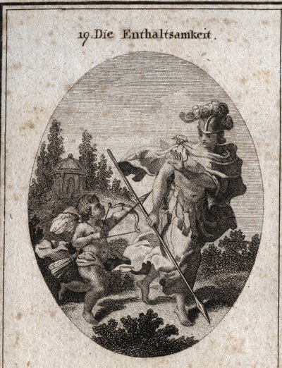 Allegory of Continence, Heroic Virtue Represented as a Warrior with a Helmet and a Spear Turned Towards the Earth. She Avoids Fighting Passions (Represented by Love) and Defends Herself from Their Atraits to Preserve Her Chastity. Engraving in Iconologi by Austrian School