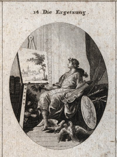 Allegory of delectation represented by a young man holding a lyre near a painting with fruits, books, weapons and two doves that caress each other, all symbolizing the charm of the senses. Engraving in 