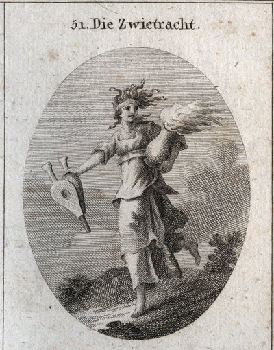 Allegory of discord. Her hair is formed of vipers and her forehead is a bloody bandage. A bellows in one hand and in the other a vase of fire. Engraving in 