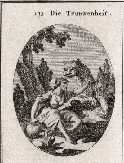 Allegory of drunkenness. She holds a jug and a cup full of wine that she leaves. Its symbol is a panther symbol of the fury of drunkenness. Engraving in 