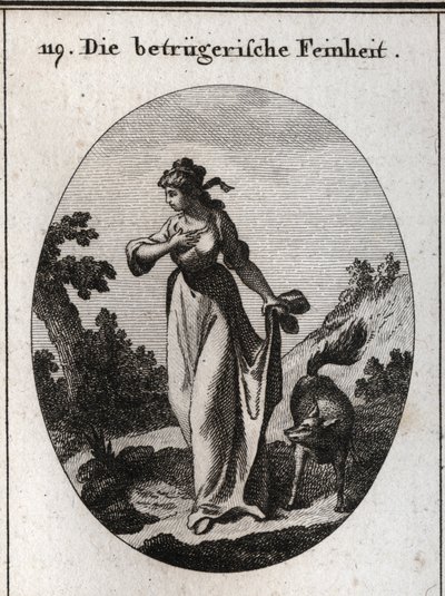 Allegory of finesse that tends to deceive. She is represented one hand on her chest and another cover behind her holding a fox symbol of deception. Engraving in 