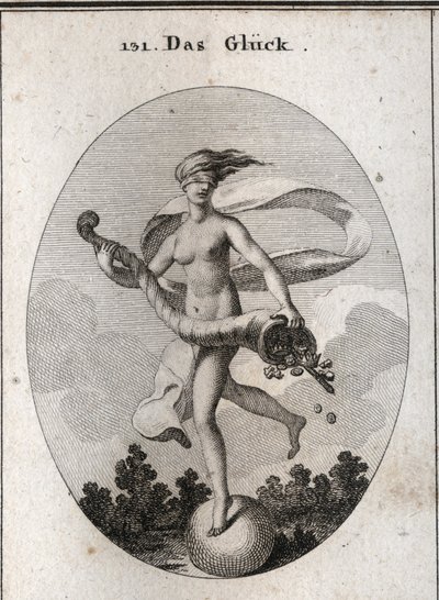 Allegory of Fortune Represented with a Blindfold to Show That She Is Blind to Her Gifts. She Holds a Horn of Abundance of Scepters, Crowns, Jewels, and Coins. It