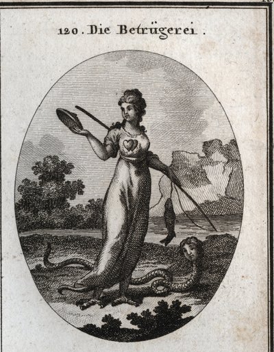 Allegory of Fraud Represented with a Double Heart and Holding a Mask. She Holds a Fishing Rod That Bit a Fish. Her Legs End in Vulture Claws and She Has a Scorpion Tail. Her Attribute is a Snake with a Human Face. Engraving in 