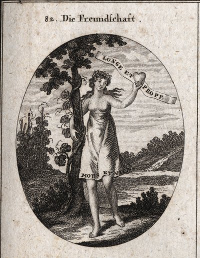 Allegory of friendship. Myrtle and pomegranate flowers on its crown are symbols of love and harmony. It shows a heart with this inscription: 