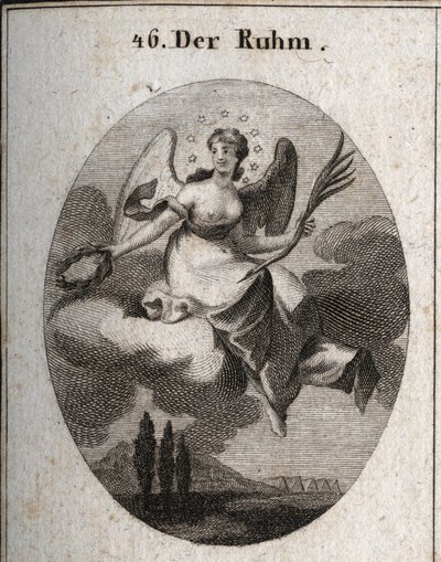 Allegory of Glory on a Cloud. She Holds a Palm and Presents Laurel Wreaths from Which She Recompenses Her Favorites. Her Wings Mark Her Elevation. Engraving in 