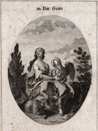 Allegory of Goodness Represented by a Noble and Abundant Beauty Looking at the Sky with Love. Pelican Symbolizes Charity, Dog Fidelity and Lamb, Sweetness. Engraving in 