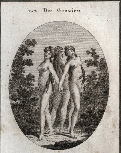 Allegory of Graces. The Three Graces: Euphrosine signifying joy and contentment, Aglaya symbolizing imposing beauty, and Thalia delight. Engraving in 