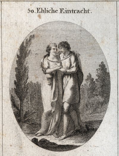 Allegory of harmony in marriage. A couple kisses, a gold chain hangs around their neck and a heart that they support each with one hand. Engraving in 