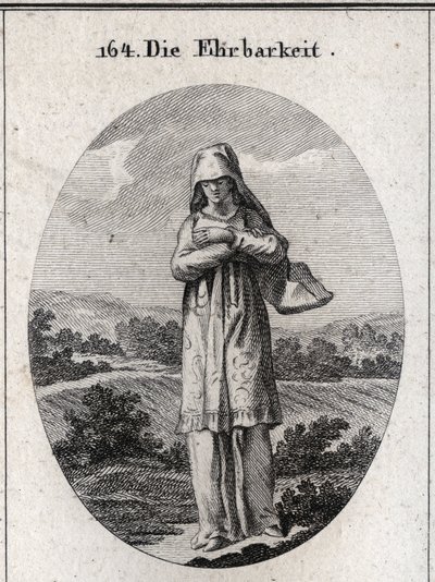 Allegory of honesty. Her eyes are covered by a veil that hides half her face because the eyes are the mirror of the soul and the first sense by which she corrupts herself. Engraving in “Iconologie oder Ideen aus dem Gebiete der Leidenschaften und Allegor by Austrian School