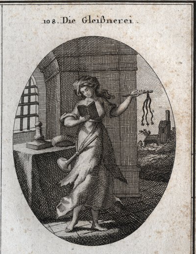 Allegory of hypocrisy holding a prayer book and discipline (swift, whip). The trumpet she has on her shoulder marks that she publishes her good works with emphasis. Engraving in 