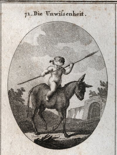 Allegory of ignorance represented by a child riding on a donkey, his eyes stripped with a reed cane (symbolizing the empty brain). Engraving in 