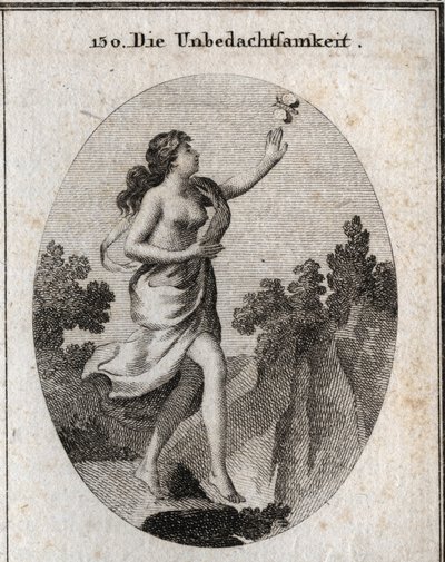 Allegory of inconsideration. She walks looking at a butterfly without seeing that there is a precipice at her feet. The compass and the rules show that she doesn