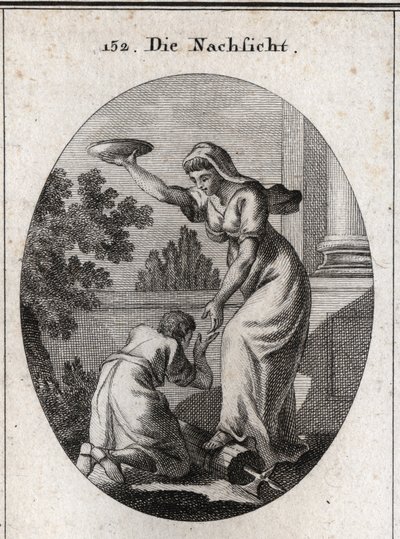 Allegory of indulgence. She trooped under her feet the bundles and the axe that the lictors carried among the Romans. She holds a raised coat and presents her hand to a slave prostrates her feet. Engraving in 