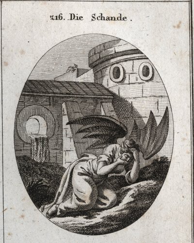 Allegory of Infamy Covering the Face with Hands and Its Attributes Are Two Large Black Wings of Bat. Engraving in 