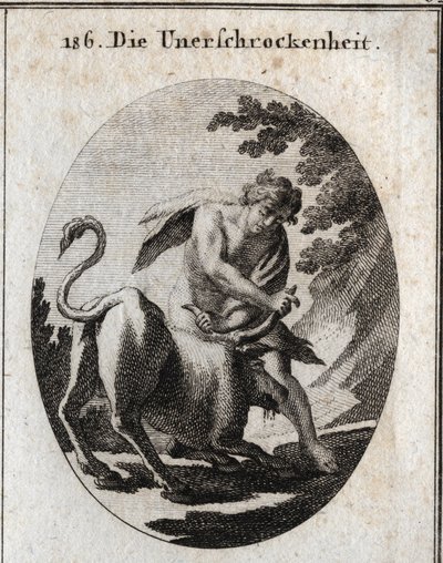 Allegory of Intrepidity represented by a vigorous young man who stops a furious bull by holding it by the horns. Engraving in 