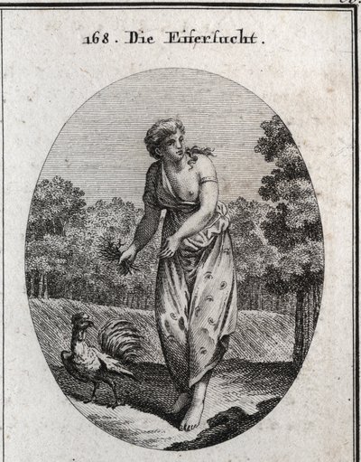 Allegory of jealousy stretching the ear on one side and watching what happens on the other. Her dress is dotted with eyes and ears and the bouquet of thorns she holds that her torment is voluntary. The rooster, jealous and vigilant, is her symbol. Engravin by Austrian School