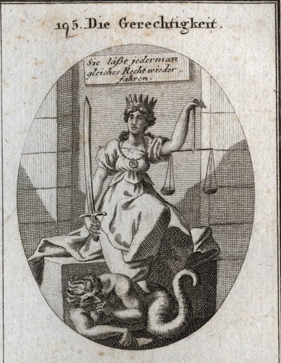 Allegory of Justice. Her Attributes Are Balance and Sword. She Sits in a Courtroom and Lends a Golden Crown on Her Head. Under Her Feet, Fraud Worried About Being Discovered Gnaws His Fists. Engraving in 