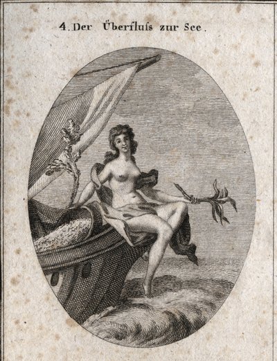 Allegory of maritime abundance represented by Ceres sitting on the bow of a ship. She holds a bouquet of hemp, a branch of knee on which silk worm cocoons are attached. It