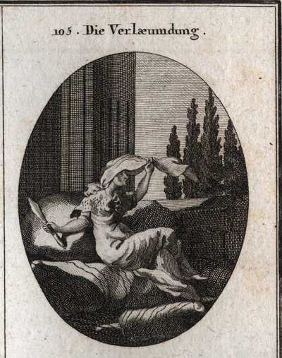 Allegory of slander represented by an idle and soft old woman sitting on cushions. The veil indicates that she is hiding, her tongue is forked and she holds a two-edged knife. Its small coat is made of hedgehog skin trimmed with iron tips. Engraving in 