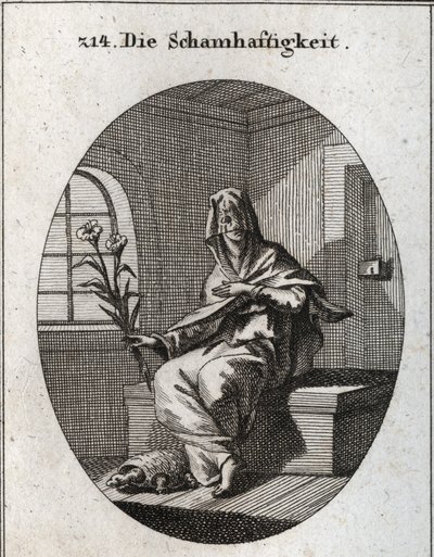 Allegory of modesty. Its symbol is a branch of lilies and a turtle that means that modesty women must be removed from their homes. His face is covered by a veil. Engraving in “Iconologie oder Ideen aus dem Gebiete der Leidenschaften und Allegorien bildic by Austrian School
